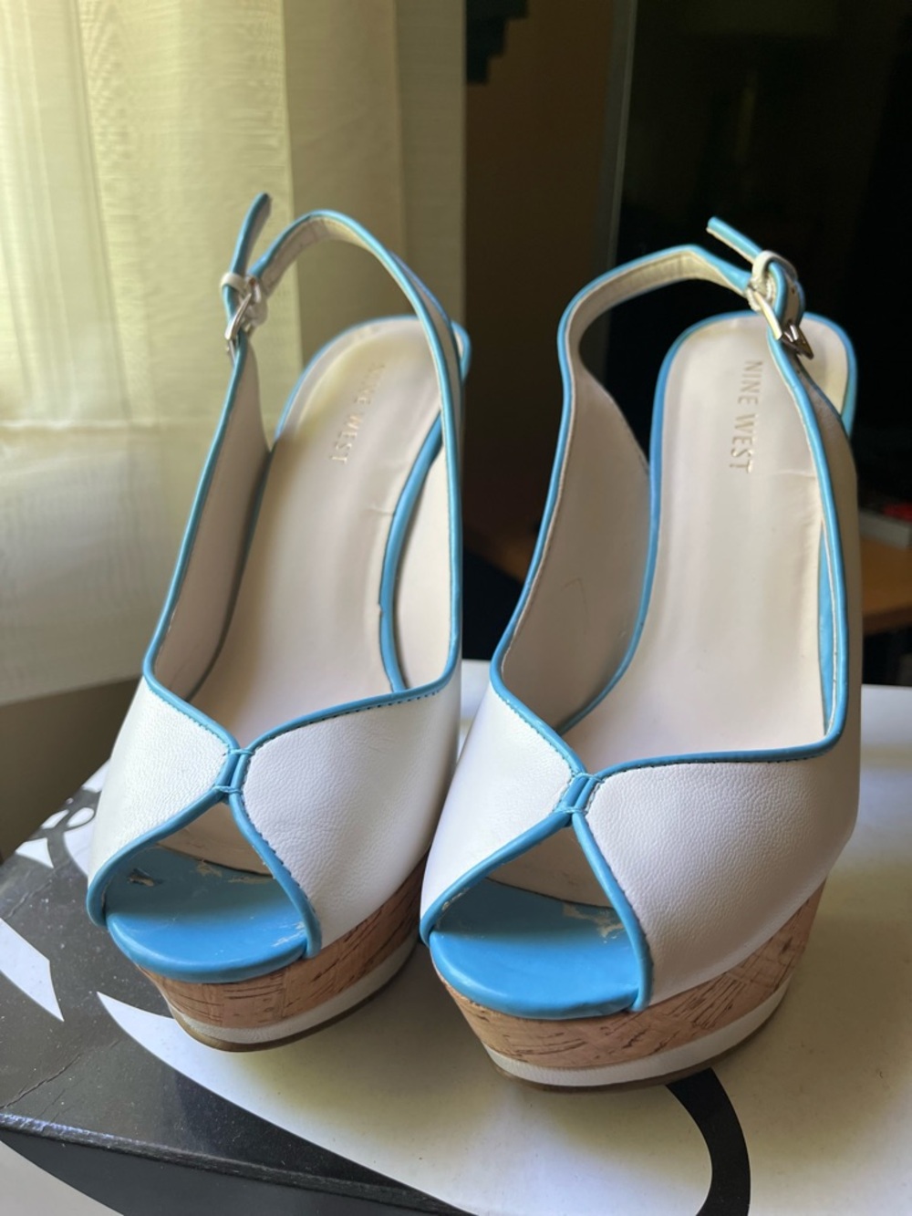 Nine West White and Light Blue Cork Platform Slingback Sandals